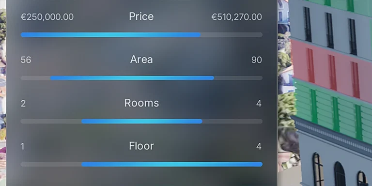 Screenshot of custom dual-handle slider widgets used for filtering units in AVE II for the Unreal Engine
