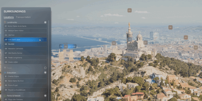 GIF showing mouse cursor hovering over list buttons in the AVE II, with matching POI labels in the 3D scene reacting simultaneously to reflect the hover state.