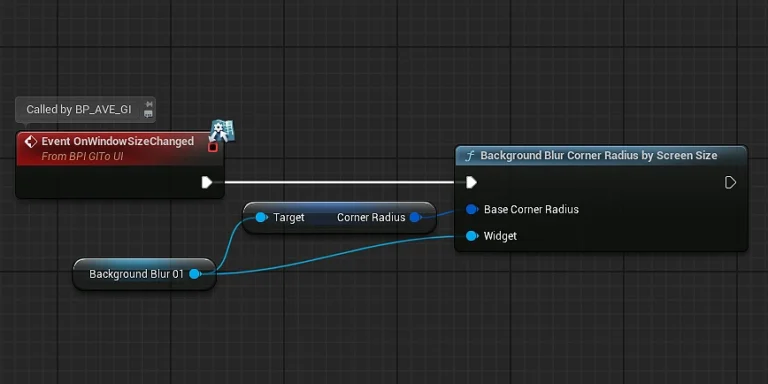 Screenshot showing a Blueprint in AVE II, which implemented the Dynamic Corner Blur Radius function.
