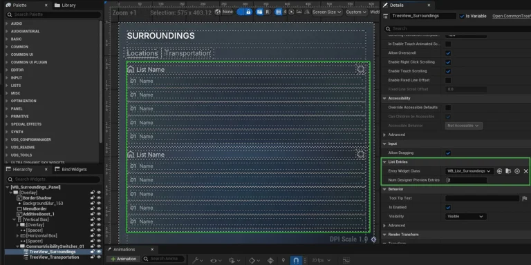 Screenshot of Unreal Engine's UMG editor showing Common Tree View and List View widgets in use, displaying a structured list of POIs within AVE II’s interface.