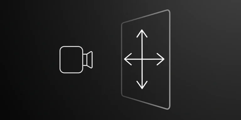 illustration showing a camera facing a vertical plane with directional arrows pointing up, down, and right. Represents camera navigation across a vertical surface.