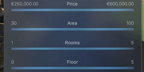 GIF showing a two-handle range slider in Unreal Engine UMG, with the mouse hovering over the bar and handles, triggering hover and pressed visual states.