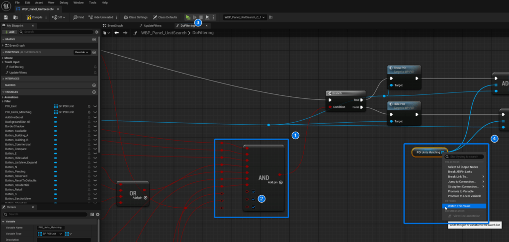 Blueprint graph showing the DoFiltering boolean logic.