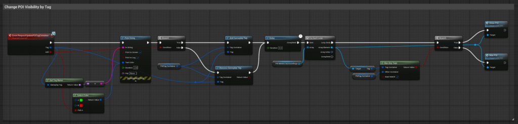 Blueprint nodes showing Gameplay Tag operations used to toggle POI visibility.