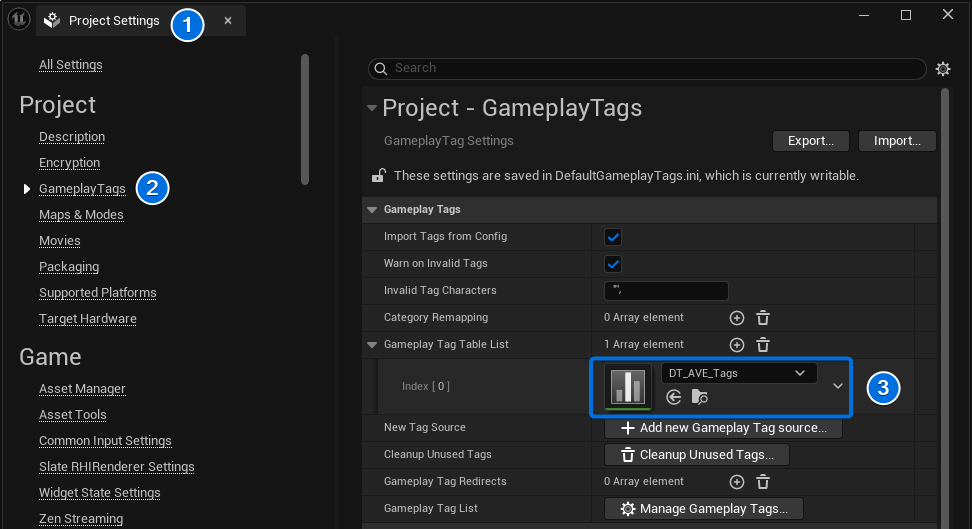 Project Settings Gameplay Tags menu showing DT_AVE_Tags assignment.