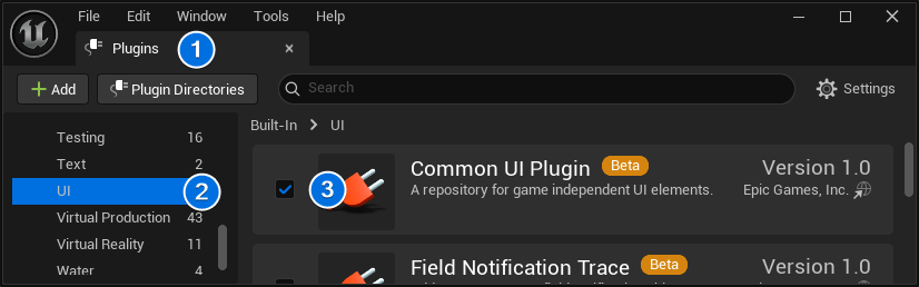 A screenshot of the Unreal Engine Plugins window, showing the path Edit > Plugins > Built-In > UI, with the 'Common UI Plugin' checkbox selected.