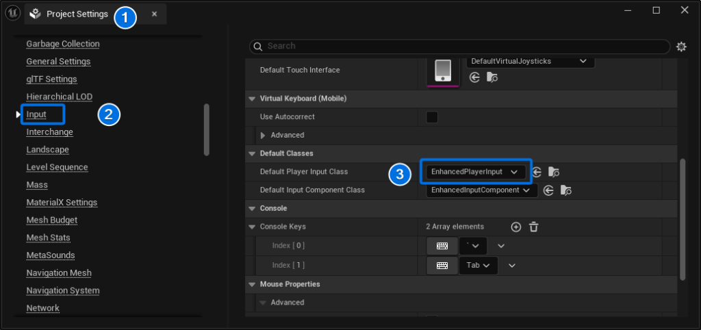 Dropdown selecting EnhancedPlayerInput in Project Settings.