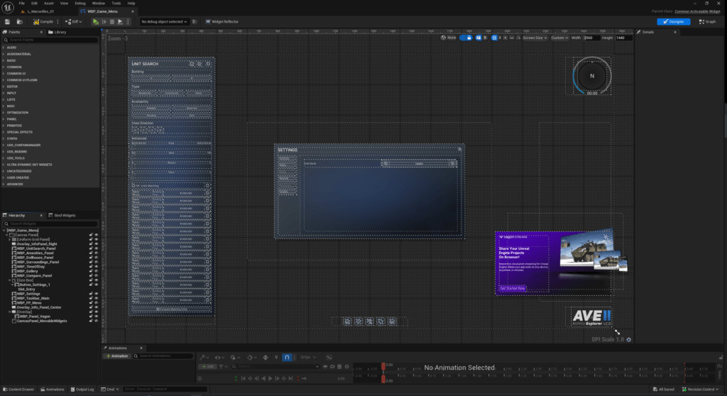 A screenshot of the Unreal Engine UMG Designer tab for WBP_Game_Menu. It displays a large canvas panel containing several overlapping UI widget components, including a bottom taskbar and placeholder areas for different functional panels.
