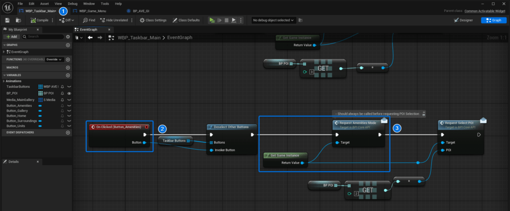 Blueprint graph showing OnClicked event and BPI_CoreAPI call.
