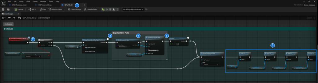 Blueprint logic for loading levels and categorizing POIs.