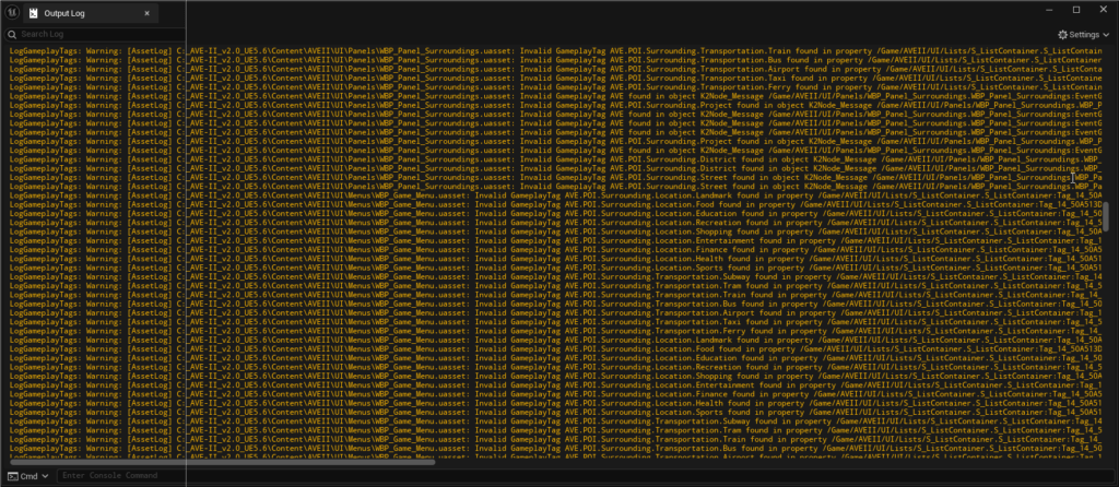 Output log showing yellow warning text regarding gameplay tags.