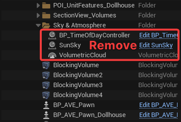 Close-up of level outliner with default sky actors selected.